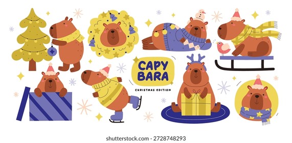 Nette und lustige Weihnachts capybara Figuren in verschiedenen Feiertagsaktivitäten eingestellt engagiert. Festliches glückliches Tier, das Weihnachtsbaum schmückt, Schlittschuhlaufen, Rodeln, Feiern, Vektorgrafik