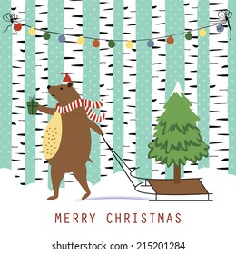 Cute and funny Christmas card with brown happy bear