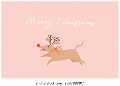 Cute funny Christmas card with dog in holiday mood with Rudolph reindeer horns. Cozy holiday puppy, hand drawn cartoon style illustration. Merry Christmas lettering, horizontal, a4 vector card