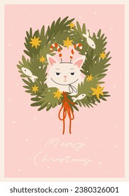 Cute funny Christmas card with grumpy white cat in holiday wreath and accessories. Cozy holiday cat pet hand drawn cartoon style illustration. Merry Meowy Christmas lettering, vertical, a4 vector card