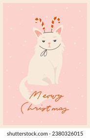 Cute funny Christmas card with grumpy white cat in holiday accessories. Cozy holiday cat pet hand drawn cartoon style illustration. Merry Meowy Christmas lettering, vertical, a4 vector card