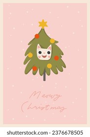 Cute funny Christmas card with happy white cat in holiday Christmas tree. Cozy holiday cat pet hand drawn cartoon style illustration. Merry Meowy Christmas lettering, vertical, a4 vector card