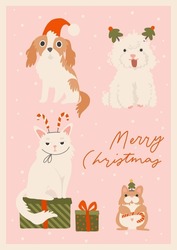 Cute Funny Christmas Card With Holiday Domestic Animals And Accessories. Cozy Holiday Cat, Dog, Hamster Pets, Hand Drawn Cartoon Style Illustration. Merry Christmas Lettering, Vertical, A4 Vector Card