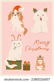 Cute funny Christmas card with holiday domestic animals and accessories. Cozy holiday cat, dog, hamster pets, hand drawn cartoon style illustration. Merry Christmas lettering, vertical, a4 vector card