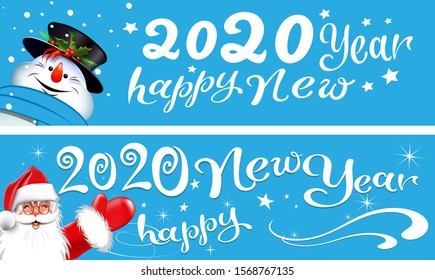 Cute funny Christmas cards, banners. Two cards with Santa Claus and snowman on a blue background. Happy new year lettering. Illustration in cartoon style. Vector graphic