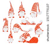Cute funny christmas characters - white bearded gnomes in different positions with red hats. Christmas gnomes set, hand draw textured vector illustration for X-mas cards, greetings, design