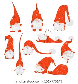 Cute funny christmas characters - white bearded gnomes in different positions with red hats. Christmas gnomes set, hand draw textured vector illustration for X-mas cards, greetings, design