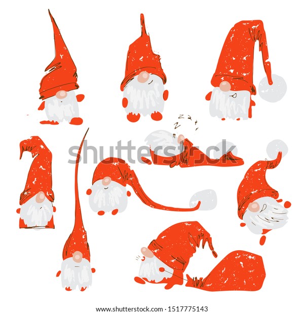 可愛いおかしなクリスマスキャラクター 白い髭を生やした女の子が 赤い帽子をかぶって別の位置にいる クリスマスのゴームセット 手描きのテクスチャーのあるベクターイラスト X Masカード用 挨拶 デザイン のベクター画像素材 ロイヤリティフリー
