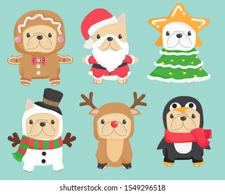 cute funny Christmas cosplay french bulldog puppy collection eps10 vectors illustration 