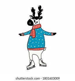 Cute and funny Christmas deer in a red sweater is skating happily, cartoon vector illustration isolated on a white background. Christmas ice skating, have fun, holiday season decoration element