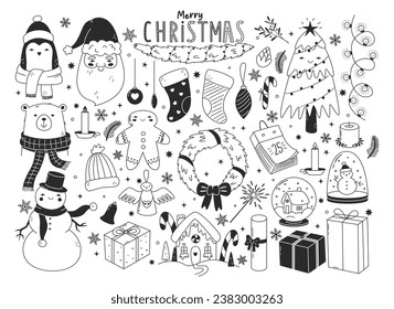 Cute and funny christmas doodles in black color. Tree, animals, gifts, decorations, santa, snowman outline drawings. Winter season line characters and elements. Vector illustration