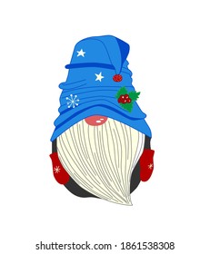 Cute, funny Christmas gnome in a blue cap and long white beard, isolated on a white background. Vector illustration