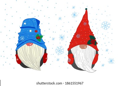 Cute, funny Christmas gnome in a blue cap and long white beard, isolated on a white background. Vector illustration