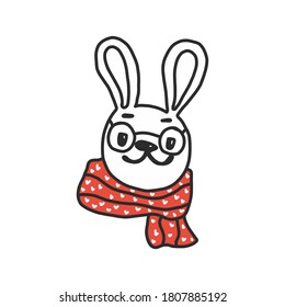 Cute and funny Christmas hare in red scarf smiling happily, cartoon vector illustration isolated on white background. have fun with the festive Christmas season. element decorations
