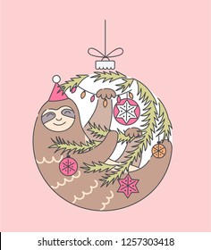 Cute funny Christmas lazy sloth, vector illustation