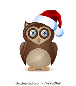 Cute and funny Christmas owl character with Santa hat isolated on white background