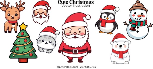 Cute Funny Christmas Party for Kids: Vector Illustration Set Collection with Santa Claus, Snowman, Reindeer, Cat, Polar Bear, Tree, Penguin