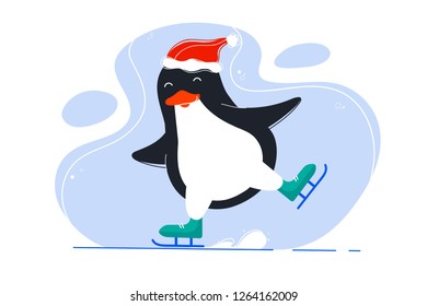 Cute, funny  Christmas penguin. Skating, waving his arms. New year, holiday, Vacation, winter, new year. Santa, snow. Joy. Modern vector flat design image isolated on white background