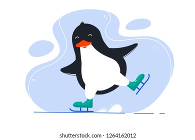 Cute, funny  Christmas penguin. Skating, waving his arms. New year, holiday, Vacation, winter, new year. Santa, snow. Joy. Modern vector flat design image isolated on white background