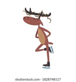 Cute Funny Christmas Reindeer Character Skating Happily, Symbol of Xmas and New Year Holidays Cartoon Style Vector Illustration