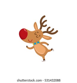 Cute and funny Christmas reindeer ice skating happily, cartoon vector illustration isolated on white background. Christmas red nosed deer ice skating, having fun, holiday season decoration element