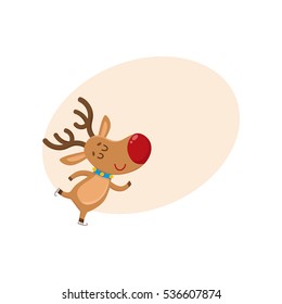 Cute and funny Christmas reindeer ice skating happily, cartoon vector illustration with background for text. Christmas red nosed deer ice skating, having fun, holiday season decoration element