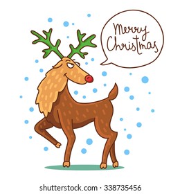 Cute and funny Christmas reindeer on a white background. Vector illustration drawn by hand. The inscription "Merry Christmas" in a bubble.