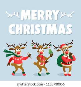 Cute and funny Christmas reindeers  cartoon vector illustration isolated on blue background. reindeer with Xmas tree, gifts and dancing, having fun, decoration elements.