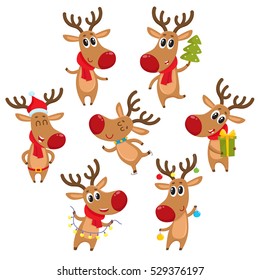 Cute and funny Christmas reindeers, cartoon vector illustration isolated on white background. reindeer with Christmas tree, gifts and garland, ice skating, having fun, decoration elements