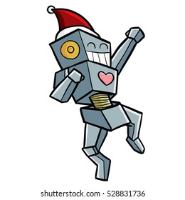Cute and funny Christmas robot with Santa's hat jumping for celebration - vector.