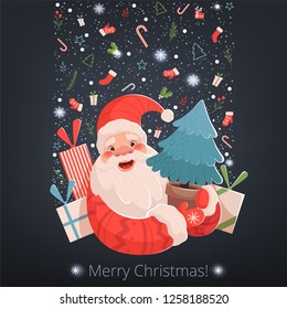 Cute funny Christmas Santa holds a Christmas tree and laughing next to the gifts. Festive new year card with background pattern