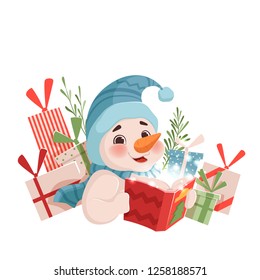 Cute funny Christmas snowman holds a magic book and smiles next to the gifts. Christmas illustration on a white background