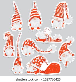 Cute funny christmas sticker characters - white bearded gnomes in different positions with red hats. Christmas gnomes set, hand draw textured vector illustration for X-mas cards, greetings, design