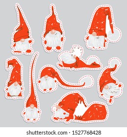 Cute funny christmas sticker characters - white bearded gnomes in different positions with red hats. Christmas gnomes set, hand draw textured vector illustration for X-mas cards, greetings, design