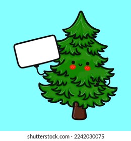 Cute funny Christmas tree with poster. Vector hand drawn cartoon kawaii character illustration icon. Isolated on blue background. Happy spruce think concept