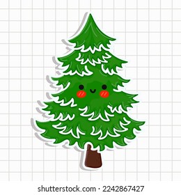 Cute funny Christmas tree sticker. Vector hand drawn cartoon kawaii character illustration icon. Isolated on background. Happy spruce character concept sticker