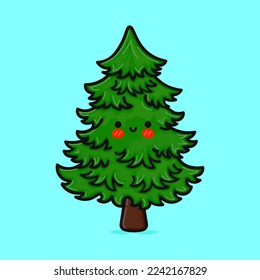 Cute funny Christmas tree. Vector hand drawn cartoon kawaii character illustration icon. Isolated on blue background. Happy spruce character concept