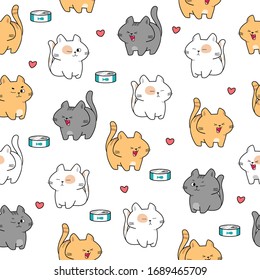 Cute Funny chubby cats with food icons seamless pattern template