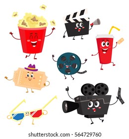 Cute and funny cinema, movie characters like popcorn bucket, plastic cup, retro camera, ticket, clapper, film roll, 3d glasses, cartoon vector illustration isolated on white background. Cinema symbols