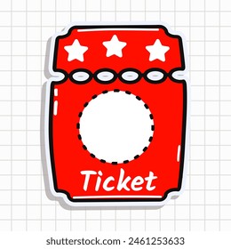 Cute funny Cinema ticket sticker. Vector hand drawn cartoon kawaii character illustration icon. Isolated on background. Happy Cinema ticket card character concept