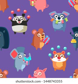 Cute Funny Circus Animals Seamless Pattern, Childish Style Design Element Can Be Used for Fabric, Wallpaper, Packaging Vector Illustration