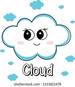 Cute, funny cloud has big eyes with sketch of  blue clouds illustration. emoji, cartoon character, sketch vector