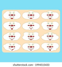 A cute funny clouds with cartoon faces. Conceptual idea puzzle of a Montessori developmental toy. Template for laser cutting and milling, busy board elements, mobile game app for kids. Vector drawing.