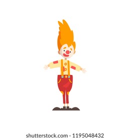 Cute funny clown cartoon character, carnival party or circus performance vector Illustration on a white background