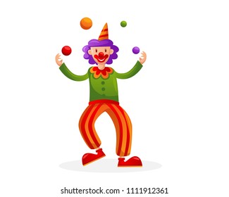 Cute Funny Clown Circus Cartoon Character Illustration In Isolated White Background