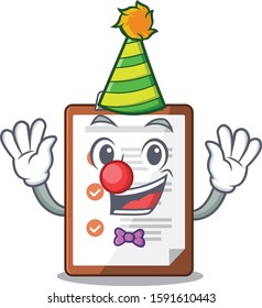 Cute and Funny Clown clipboard Scroll cartoon character mascot style