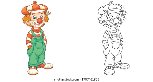 Cute funny clown. Coloring page and colorful clipart character. Cartoon design for t shirt print, icon, logo, label, patch or sticker. Vector illustration.