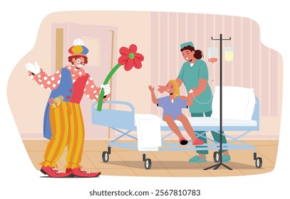 Cute funny clown congratulating supporting little girl child fighting against cancer cartoon scene. Small kid character receiving recovery therapy at pediatric oncology center vector illustration