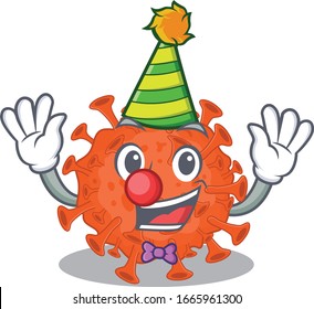 Cute und Funny Clown Elektronenmikroskop Coronavirus Cartoon Charakter Maskottstil