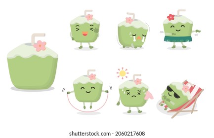 Cute and funny coconut characters in various posing and emotional such as. Young green coconut in different pose and activities. vector flat illustration